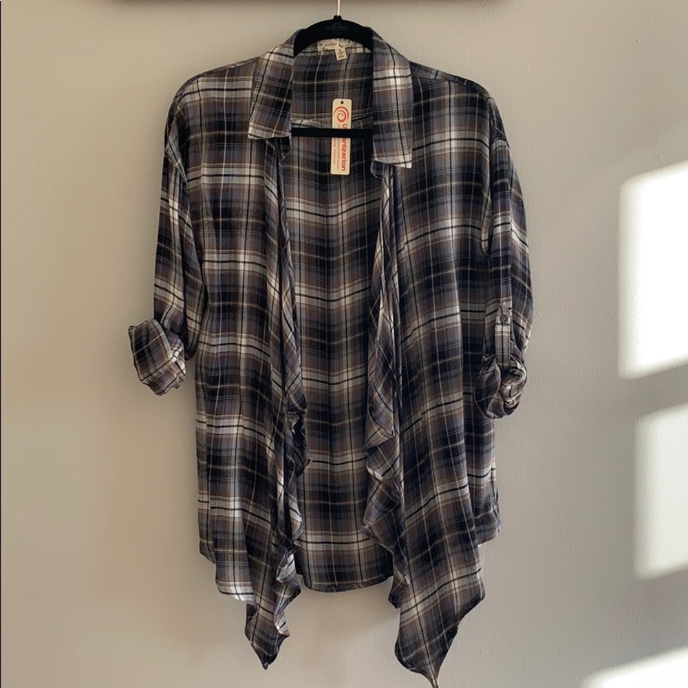 Open Ruffle Plaid Collared Shirt